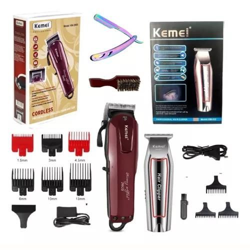 2 maquinas original kemei 2600+032+ escova e navalha sem fio