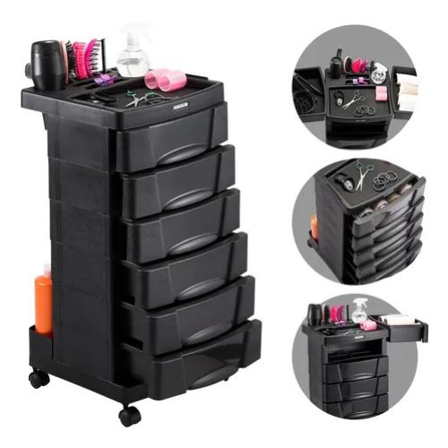 carrinho auxiliar organizador para salo de beleza 6 gavetas dompel beauty care preto